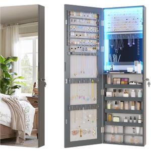 Vlsrka 47.2" LED Grey Jewelry Mirror Cabinet, Wall/Door Mounted Jewelry Armoire Organizer with Full-Length Mirror, Large Capacity Storage Hanging Cabinet, 4 Drawers, 5 Shelves, Built-in Lighted Mirror