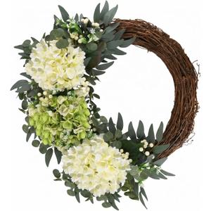 Spring Flower Wreath for Front Door, 20 Inch Hydrangea Door Wreath with White Berries, Summer Eucalyptus Wreaths for Front Door Outside All Season, Farmhouse, Indoor Outdoor Wall Decor, Green&white
