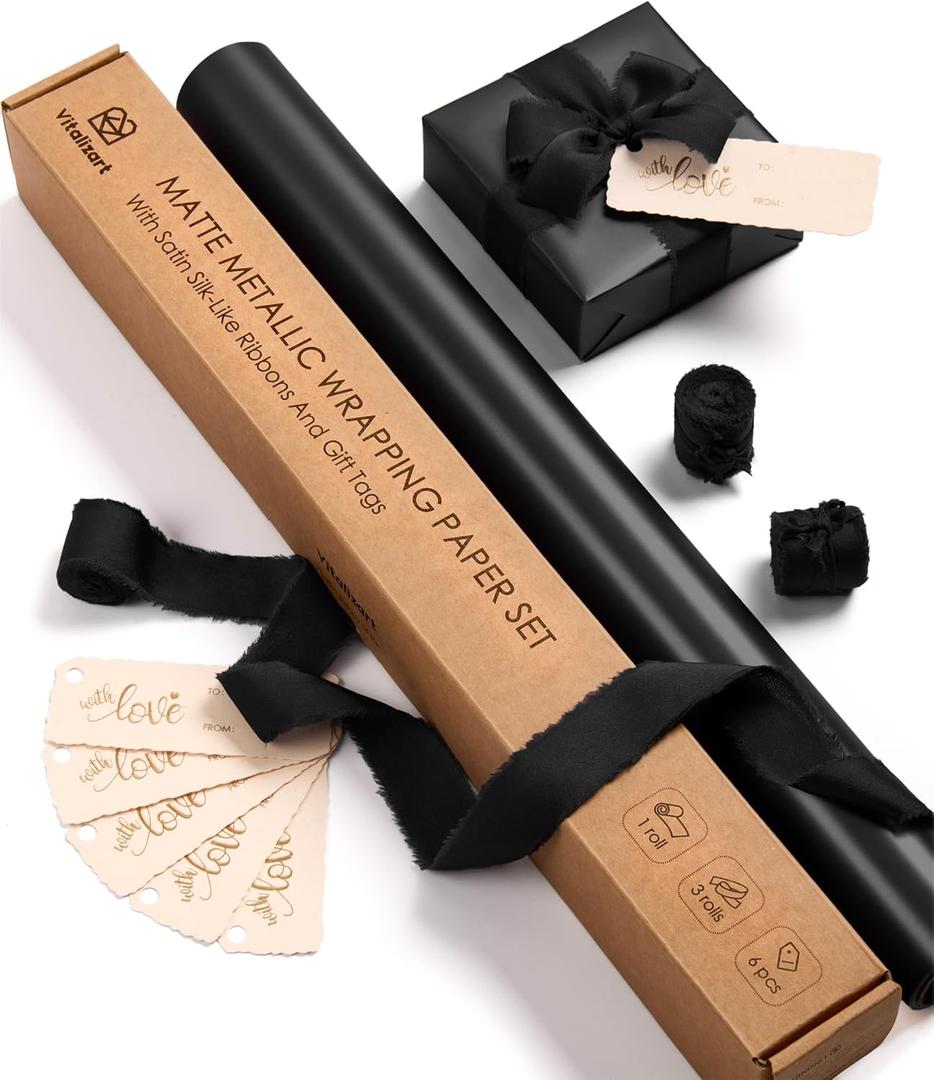 Vitalizart Black Matte Metallic Wrapping Paper Set 17" With Silk Satin Ribbon & Gift Tags Christmas Gift Wrapping Birthday Baby Shower Wedding Bouquets Handmade Crafts 197"(16.4 Ft) Black Ribbon