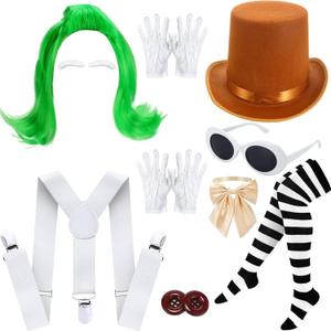 Yahenda 11 Pcs Halloween Chocolate Worker Costume Mens Factory Worker Set Include Green Wig Brown Hat Scepter Gloves Bow Tie Sunglasses Suspender Beard Cosplay Costume for Adult Movie Book Character