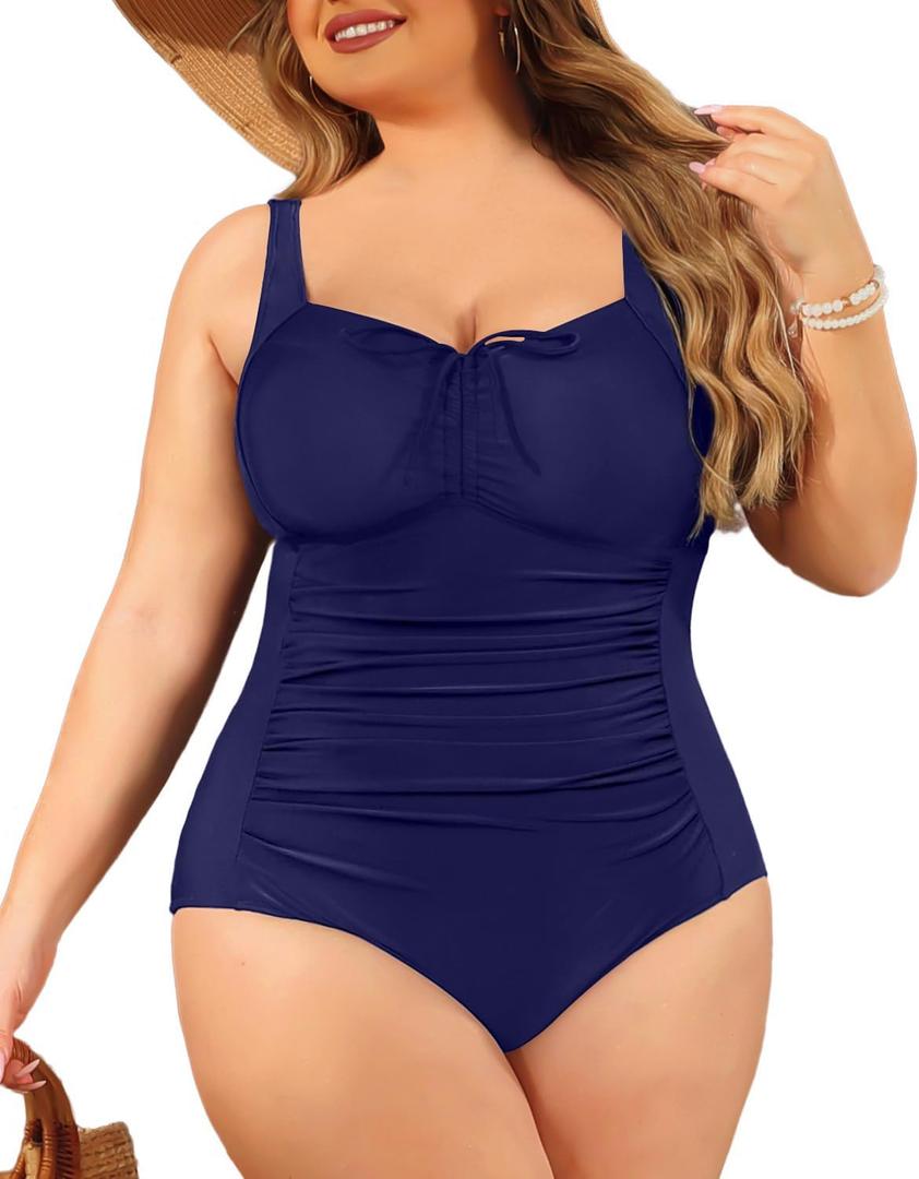 Daci Women Plus Size One Piece Swimsuit Tummy Control Bathing Suits Vintage Ruched Swimwear Navy Blue 16 Plus