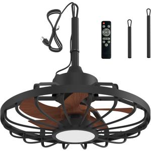 MELLCOM 20" Outdoor Ceiling Fans with Light，IP65 Waterproof Plug in Ceiling Fan with Remote and 2 Downrods, Gazebo Caged Hanging Fan with 3 Color LED Light for Porch, Pergola, Canopy, Brown, Large