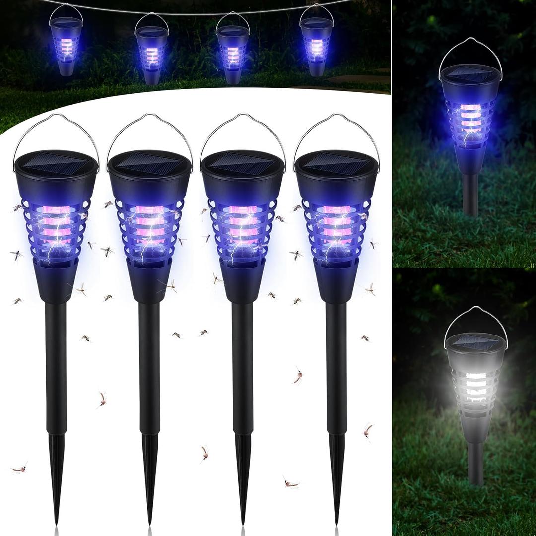 Qualirey 4 Pack Solar Bug Zapper & Mosquito Killer Outdoor Waterproof Cone-Shaped LED Light Mosquito Repellent for Patio, Garden, Yard, Camping - Hanging/Insertion Design (White & Purple Light)