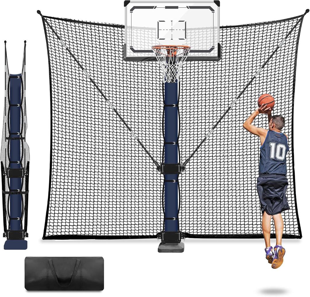 ORIENGEAR Basketball Rebounder Net 10x10 FT – Large Yard Guard Basketball Net Catcher Backstop Net for Outdoor Hoops, Universal Fit for Round & Square Poles, Quick Foldable Storage Design + Carry Bag