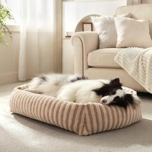 MIXJOY Dog Bed Medium Size Dog, Washable Medium Dogs Bed with Removable Cover, Soft Rectangle Doggy Ded Fluffy Plush Faux Fur Pet Bed with Anti-Slip Bottom, 30"x24"x8", Beige