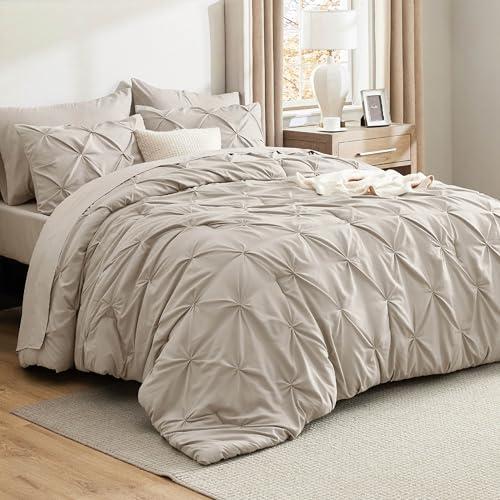 Bedsure Oversized Queen Comforter Set Beige - Bed in a Bag Bedding Set 7 Pieces, GentleSoft™ Pintuck Bed Set Gift for Family, Pinch Pleat All Season Comforter with Sheets, Pillowcases & Shams
