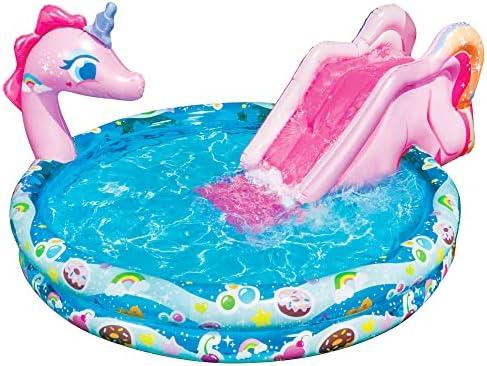 BANZAI Spray 'N Splash Unicorn Pool, Length: 78 in, Width: 60 in, Height: 32 in, Inflatable Outdoor Backyard Water Slide Splash Toy