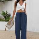 Sampeel Wide Leg Pants Women Casual Palazzo Drawstring Elastic Waist Trousers with Pockets Summer Beach Vacation Clothes,L