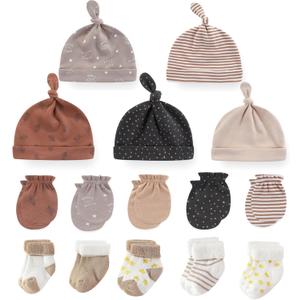 MAMIMAKA Newborn Baby Boy Girl Caps Mittens Socks Set Cotton Baby Essentials Accessories (Hats+Gloves+Socks) (0-6 Months, Set-12 Coffee/Brown/Khaki)