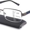 Missfive Mens Premium Multifocus Reading Glasses 0 Power on Top Center, Blue Light Blocking Far/Mid/Near Progressive Multifocal Readers Metal Frame With No Broken Spring Hinge, 1.5 D