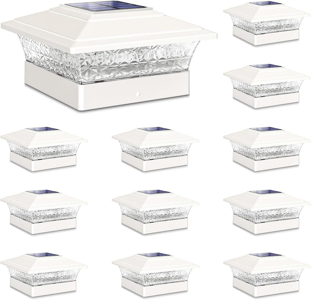 Solar Post Cap Lights Outdoor 12pack, Waterproof Fence Post Lights with 16 Ultra Bright LEDs Fit 4x4/5x5/6x6 Wood/Vinyl Posts, White Deck Post Lights with Warm/Cool White for Garden Patio Porch Yard