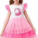 LQSZ Girls Tulle Dresses Princess Flutter Sleeve Tutu Dress for Toddler Girl 3-12 Years (Pink)