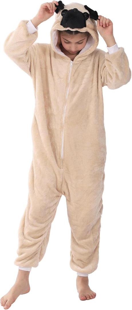 Animal Onesie for Kids Adults Halloween Costumes for Girls Boys Womens Mens Cosplay Outfit Dog Pug (Brown), Size 130