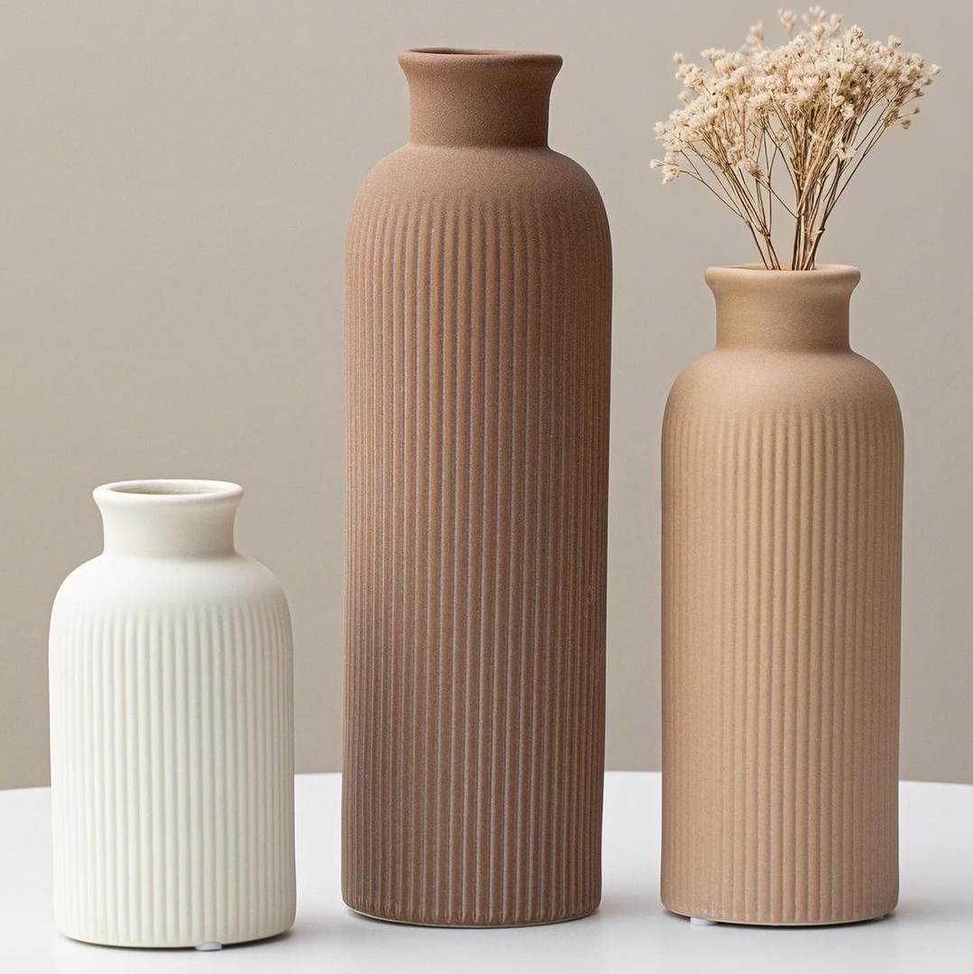Modern Ceramic Vase Set, Earth Tone Natural Color Ribbed Matte Design, 3-Piece Decorative Vases for Home, Living Room, Office (Coffee Mix)