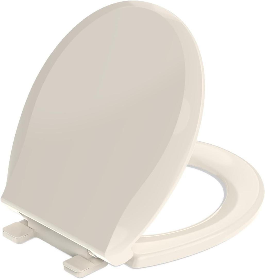 Round Toilet Seat Soft Close 16.5", Standard Universal Toilet Lid Round with PP Material Safe, Easy to Clean and Install, Ergonomic design, Never Loosens,2 Years Support, Almond Plastic