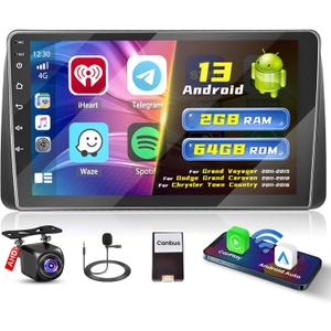 [2+64G]Hikity Android 13 Car Stereo for Dodge Grand Caravan11-20/Grand Voyager11-15/Chrysler Town & Country11-16, 9'' Touchscreen Radio wireless CarPlay Android Auto GPS Mirror Link SWC Backup Cam BT