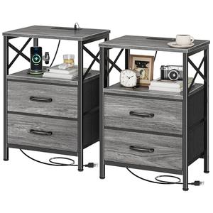 Huuger Nightstands Set of 2, Night Stand with Charger Station, 2 Drawer Side Table with Open Shelf, USB-C Port, End Table for Small Spaces, X Shaped Side Rail, Grey