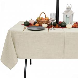 Outdoor Tablecloth with Umbrella Hole - Patio Table Cloth Zippered Rectangle 60x84 Inch, Beige Linen-Look Polyester Table Cover Water Resistant for Picnic Outside