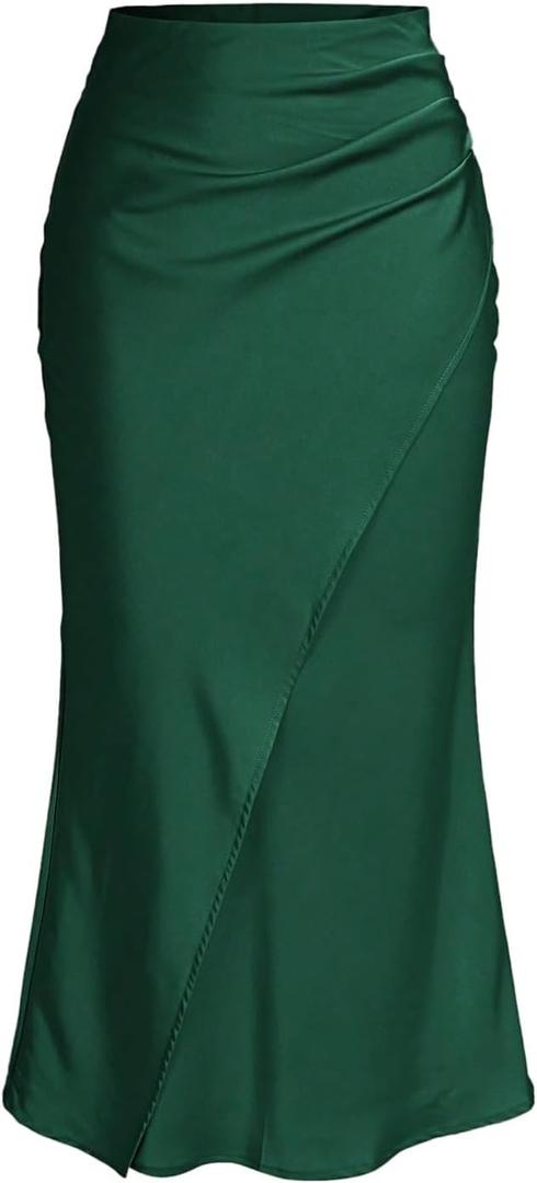 SOLY HUX Women's Satin Maxi Skirt Elegant Wrap High Waisted Ruched Fishtail Dressy Casual Skirts X-Small, Pure Dark Green