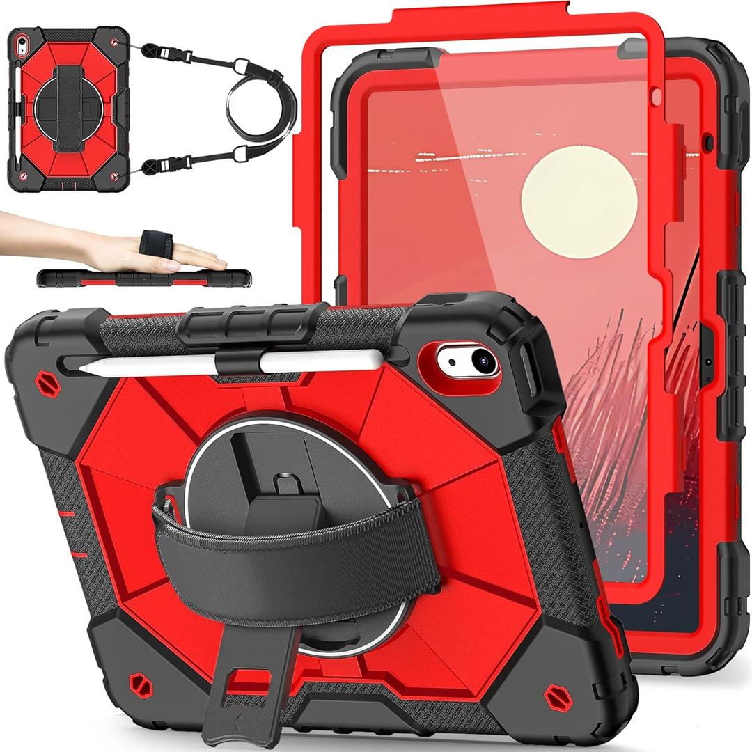 Nitupai Case for iPad 10th Generation 10.9 Inch 2022 / iPad 11th Generation A16 Case 11 Inch 2025 with Screen Protector 10th Gen Cover for Kids Pencil Holder 360 Stand Shoulder Strap, Black Red