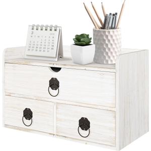 Wood Desk Organizer with Drawer, White Wooden Desktop Organizer, Tabletop Storage Organization Box for Countertop, Home Office Supplies (3 Drawer and Shelf)