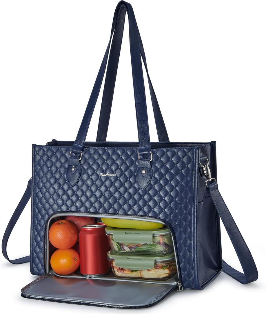 Laptop Tote Bag with Insulated Lunch Compartment for Women, PU Leather 15.6 Inch Work Bag, Elegant Computer Handbag, Versatile Business Tote for Office,Travel or Casual-Midnight Blue