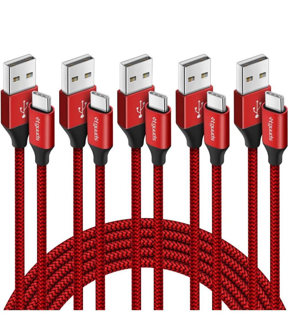 etguuds USB A to USB C Cable 5-Pack (3/3/6/6/10 ft), Fast Charging Type C Charger Cord for iPhone 17 16 15 Pro Max Plus Air, Samsung Galaxy S25 S24 S23 S22 S21 S20 A56 A17 A16, Pixel, Moto G, Red