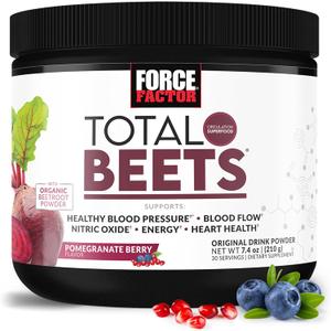 Force Factor Total Beets Drink Mix Superfood Powder with Nitrates to Support Circulation, Blood Flow, Nitric Oxide, Energy, Endurance, and Stamina, Cardiovascular Heart Health Supplement, 30 Servings (7.4 Ounce (Pack of 1))