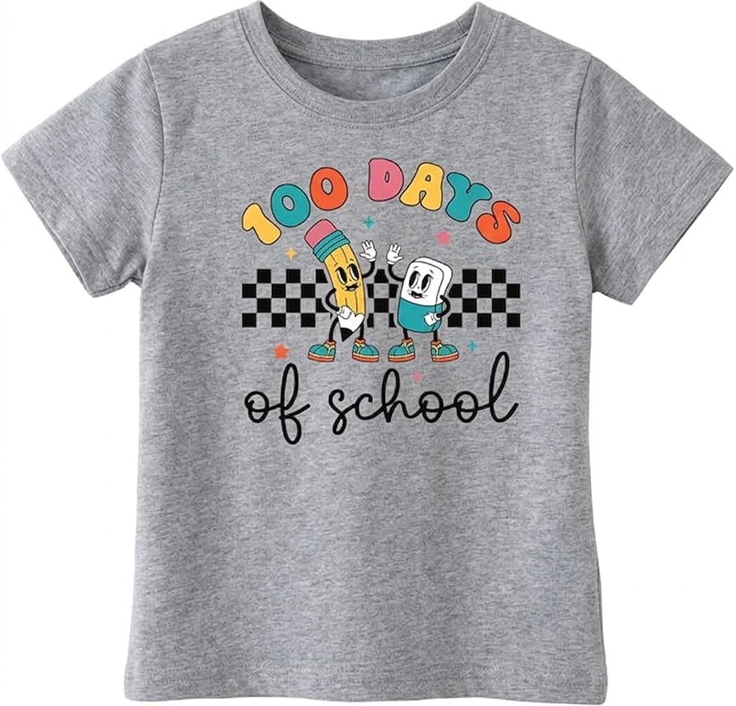 Kids Little Boys Girls 100 Days of School Shirt Short Sleeve Funny Graphic Letters Print Celebration Top  (5T,Gray)