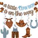 A Little Cowboy Is On The Way Banner Cowboy Baby Shower Decorations Western Baby Shower Decorations with Cowboy Decorations Hanging Swirls Cowboy Party Decorations for Baby Boy Shower Decorations (Brown Blue)