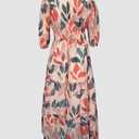 CHICME Womens Summer Boho Maxi Dress V Neck 3/4 Puff Sleeve Floral Flowy Wedding Guest Vacation Beach Long Dress (L)
