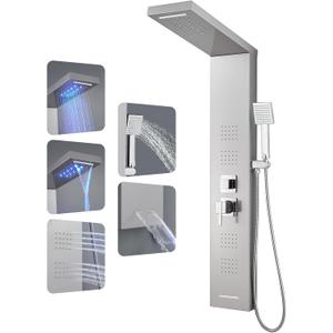 ROVOGO LED Shower Panel Tower System, 5-Function Shower Column with Rainfall Waterfall Shower Head, 4 Body Jets, Handheld and Tub Spout, Stainless Steel Brushed