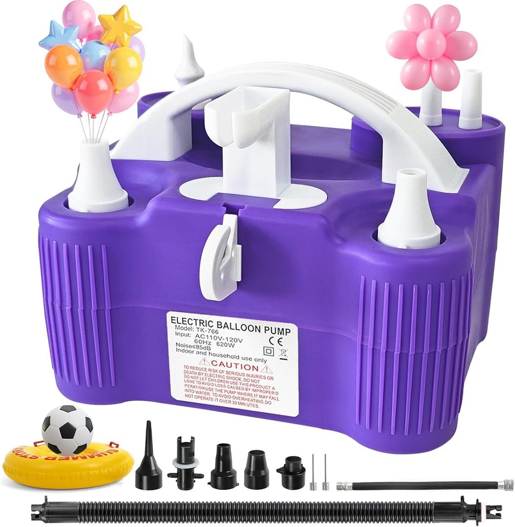 Balloon Pump Electric, Portable Dual Nozzle 600W Air Pump Balloon Inflator, 4-in-1 High Power Balloons Air Blower for Latex 260q Foil Mylar Balloon Inflation Pool Floats Air Beds (Violet)