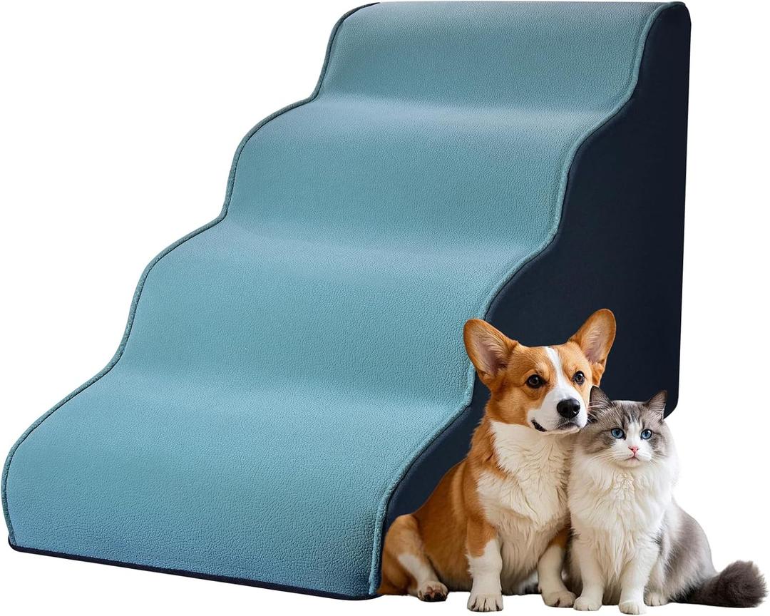 Dog Stairs for Small Dogs 19.7”H,Cowhide-Pattern Flocking Fabric,with Cushioning Support Layer,4-Step Dog Steps for High Bed,Couch,Sofa and Chair,Non-Slip Balanced Pet Ramp Indoor, Green