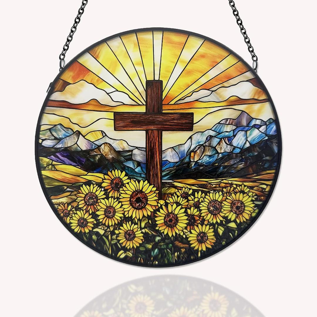Christian Suncatcher Stained Glass, Christian Suncatcher for Women, Cross Suncatchers for Windows Hanging (UV Printed)