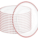 24 Pack Clear Charger Plates with Beaded Rim, 13 Inch Plastic Chargers for Dinner Plates Acrylic Round Tabletop Decoration for Home Kitchen Catering Wedding Table Event Party Dinner (Red)