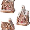 Set of 3 Gingerbread Candy Houses in Clay Dough Resin with Frosted Snow LooK, 5 to 6 Inches Tall, Christmas Village Decor, Brown White