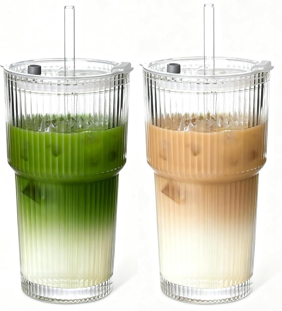 20oz Glass Tumblers with Lids and Straws,2PCS Glass Cups with Lids and Straws,Iced Coffee Cups with Lid, Ideal for Juice, Smoothies,Whiskey Cocktail Beer