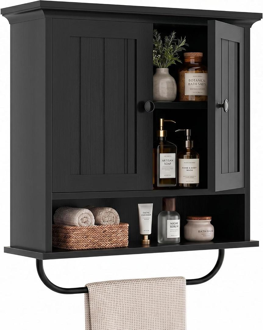 Besiost Farmhouse Bathroom Wall Medicine Cabinet with Removable Towel Bar
Over Toilet Storage Organizer, 7.9" Slim Profile, 100 Lbs Capacity, Adjustable Shelf, Soft Close Hinges Door, Black