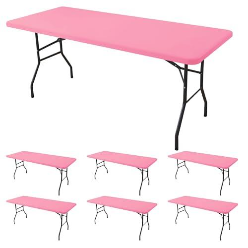 Enjoyidea Fitted Tablecloth for 8 Foot Rectangle Tables-6 Pack Pink Elastic Outdoor Picnic Table Cover-Spandex Stretch Folding Table Cloths 8ft for Camping Dining Room Patio Kitchen Banquet Party