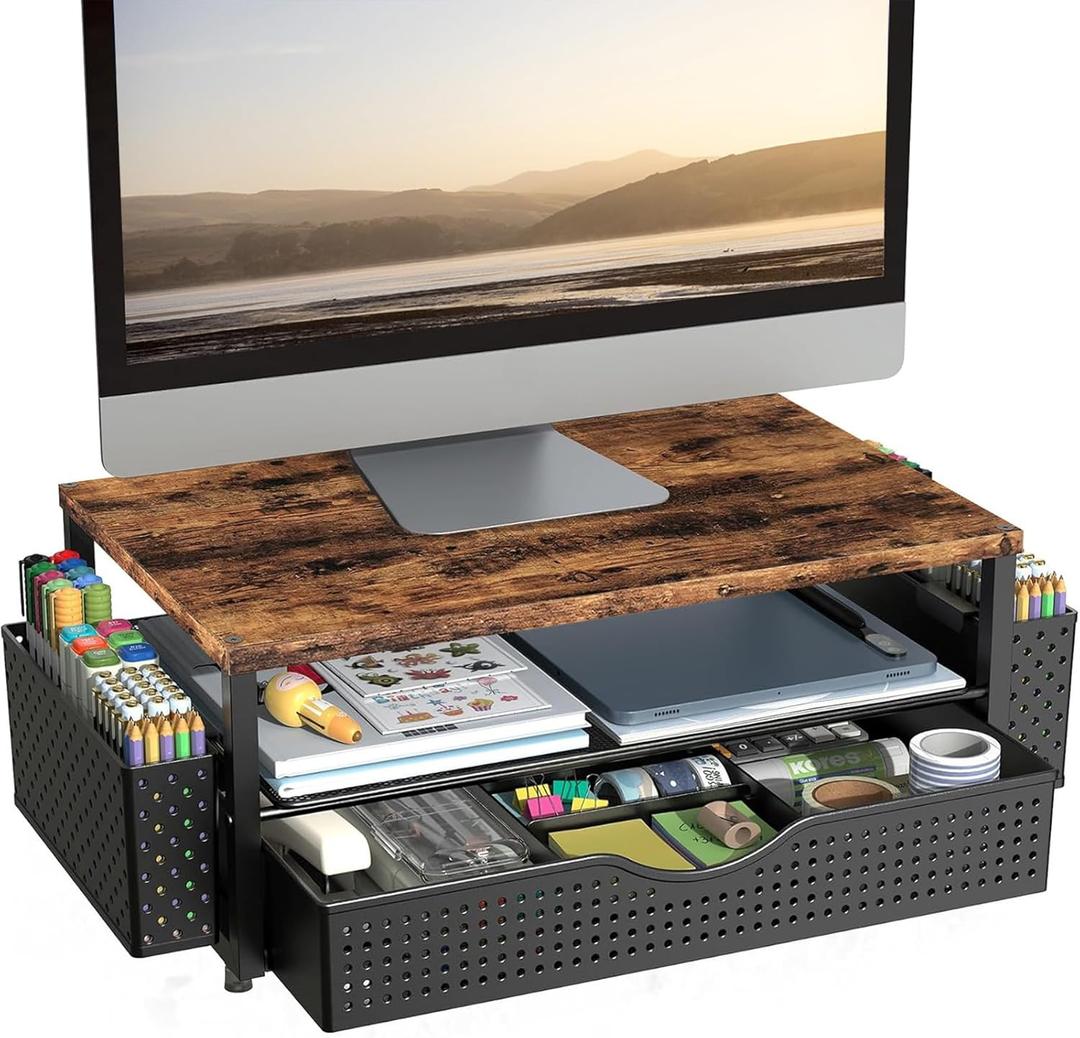 Spacrea Desk Organizer and Accessories, Computer Monitor Stand Riser with Drawer and 2 Pen Holders, Office Desk Accessories & Workspace Organizers for Office Supplies (Wood)