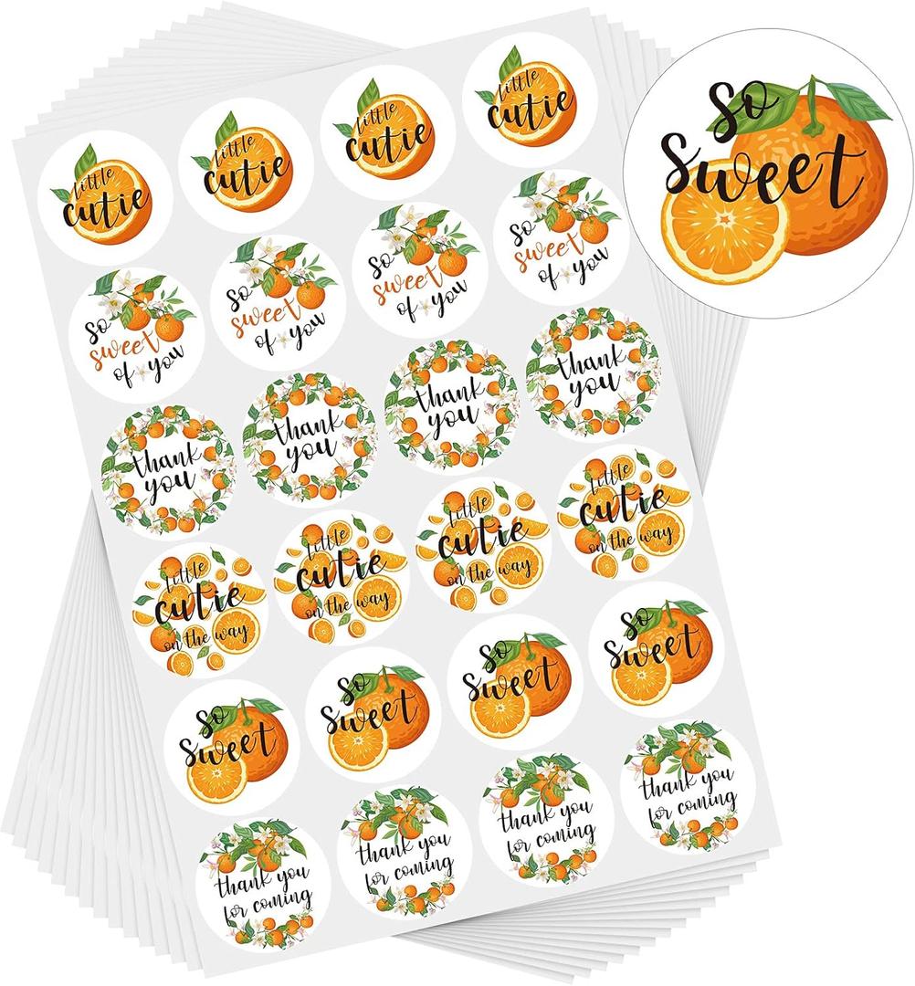 Chinco 480 Pieces Little Cutie Baby Shower Stickers Orange Themed Birthday Party Decorations 1 Inch Round Waterproof Self Adhesive Little Cutie Stickers for Baby Shower Birthday Party Supplies