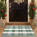 Christmas Green & White Check Rug - 28 x 43 Inches Outdoor Front Door Decor Mat Cotton Washable Hand-Woven Rug Christmas New Year Holiday Porch Entryway Layered Doormat