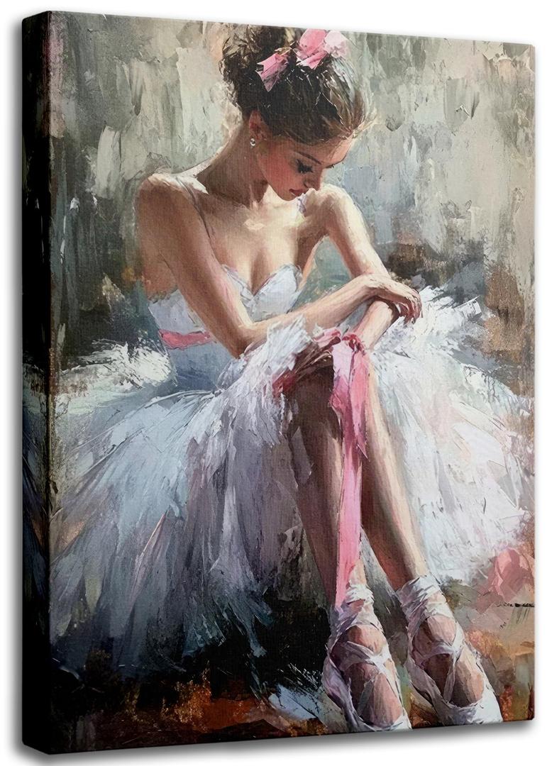 Pink Ballerina Girl Canvas Wall Art Ballet Lover Wall Decor Picture, 16"L x 12"W
