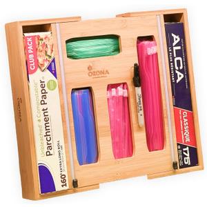 6 IN 1 Bamboo Baggie Organizer for Drawer with Labels, Expandable Storage Bag Organizer with Aluminum Foil and Saran Wrap Cutter Compatible with Quart, Gallon, Sandwich and Snack Size Bags