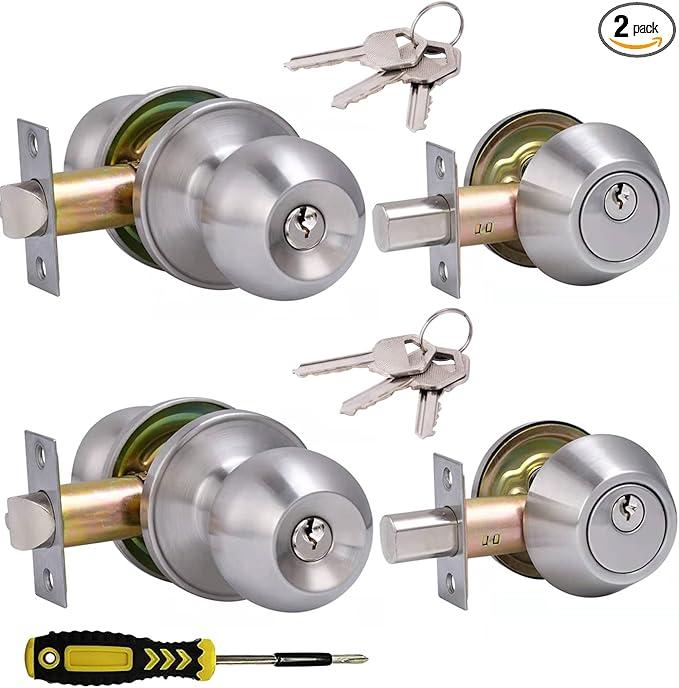 2 Sets All Keyed Same Entry Door Knob and Single Cylinder Deadbolt Combo Set, Round Ball Satin Nickel Exterior Door Knobs with Lock and Keys for Entrance and Front Door