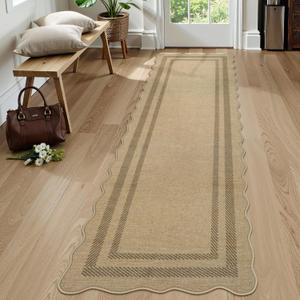 LIVEBOX Scalloped Washable 2x8 Kitchen Runner Rug, Easy Jute Geometri Tan Rugs for Hallway Entryway, Indoor Outdoor Non Slip Rug Farmhouse Morden Carpet Door Mat Area Rug for Laundry Room