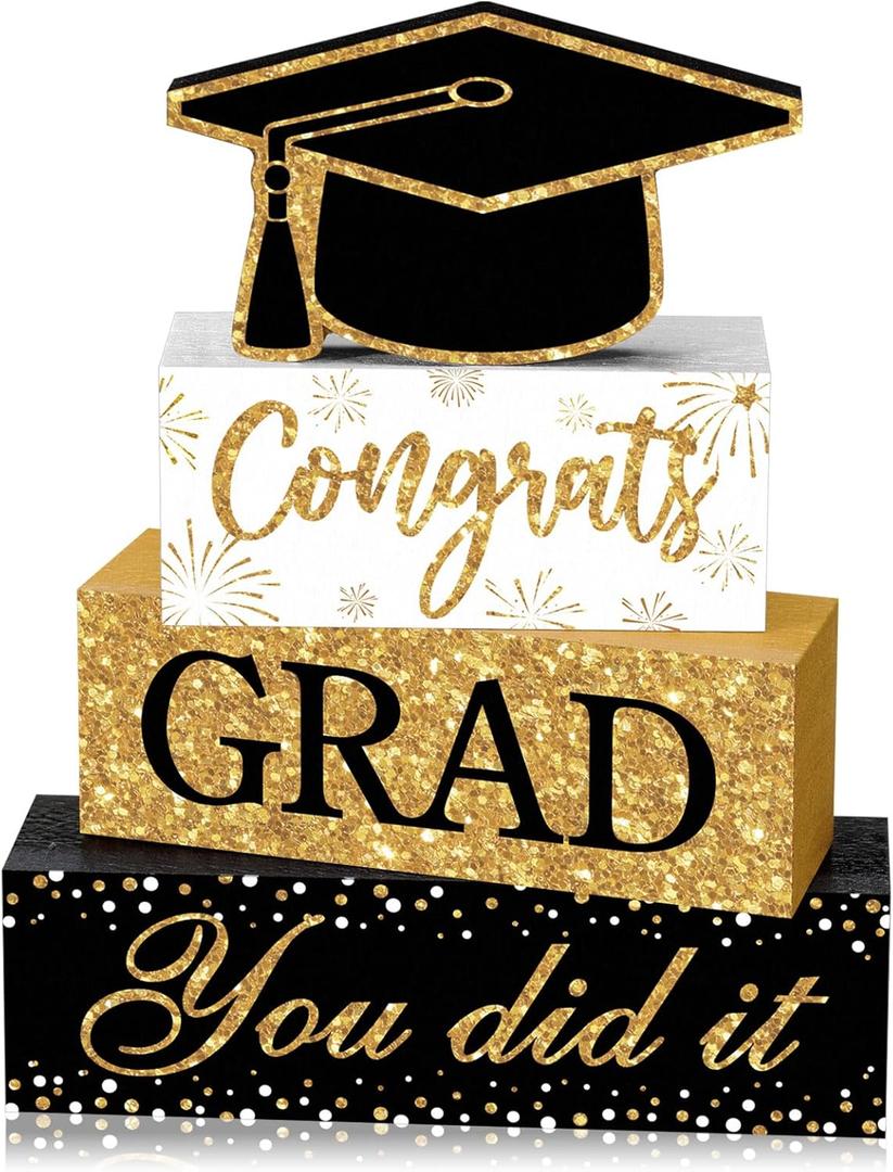 Cinnvoice 4 Pcs Graduation Table Decor 2026 Congrats Grad Centerpiece Class of 2026 Wood Sign Graduation Tiered Tray Decor Farmhouse Congratulate Gifts for Home Shelf Party Decorations(Black Gold)