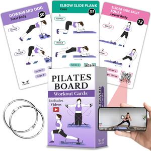 Pilates Board Workout Cards  67 Exercise Cards with Videos & Workout Plan - Includes 5-Week Challenge, Ebook, Progress Chart & 2 Rings for Easy Organization - Home Portable Reformer Guide for Women
