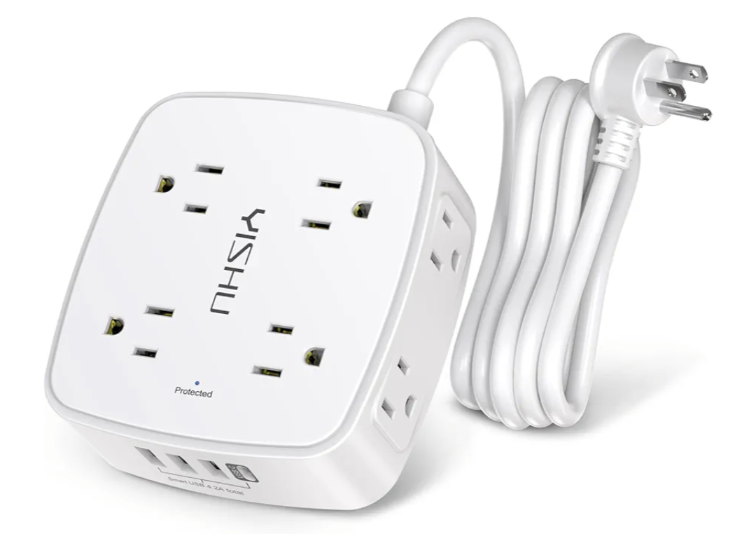 6 Ft Surge Protector Power Strip - 8 Widely Outlets with 4 USB Ports, 3 Side Outlet Extender with 6 Feet Extension Cord, Flat Plug, Wall Mount, Desk USB Charging Station, ETL,White